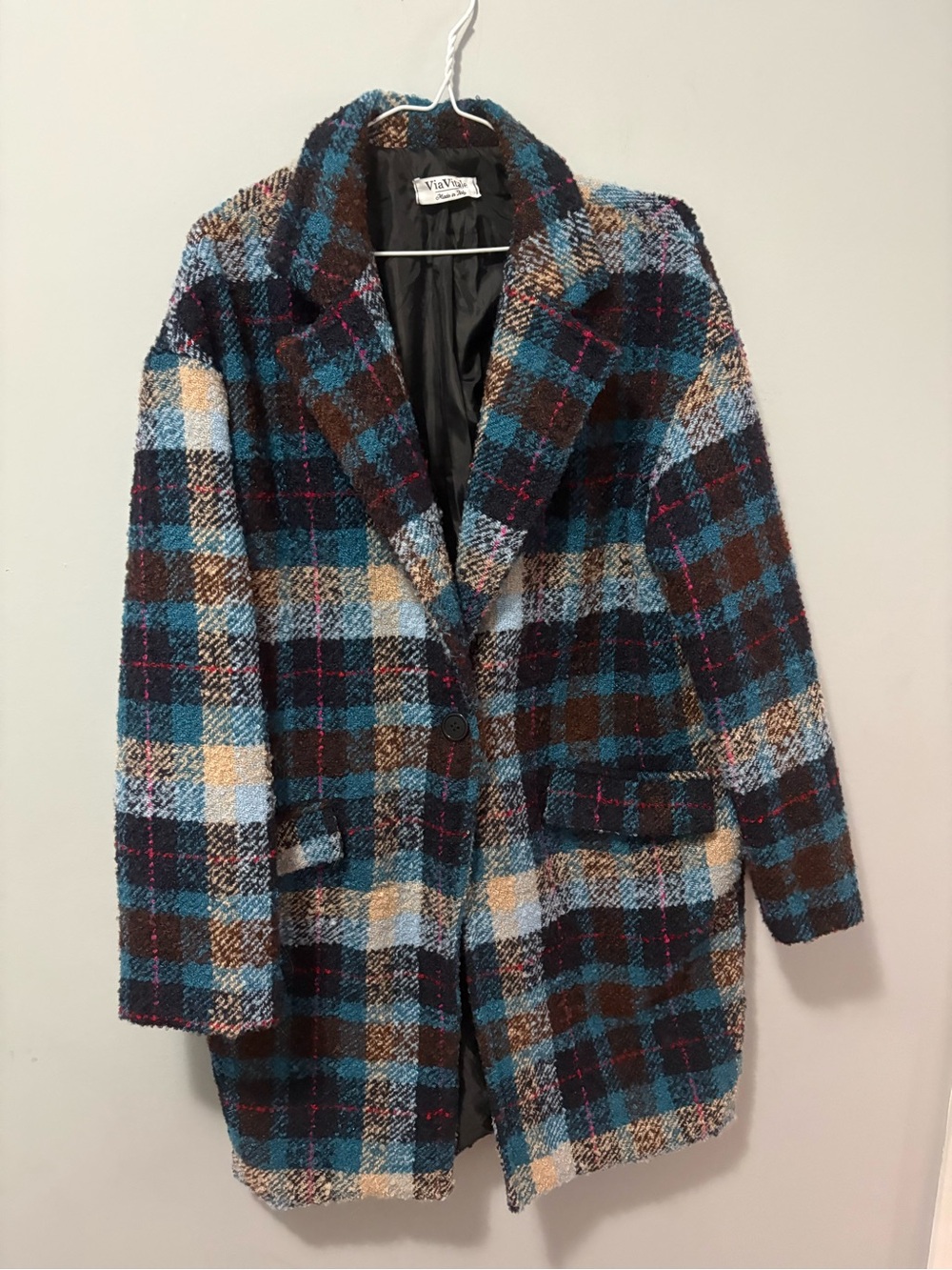 Via Vitale Blue Plaid Single Button Pea Coat